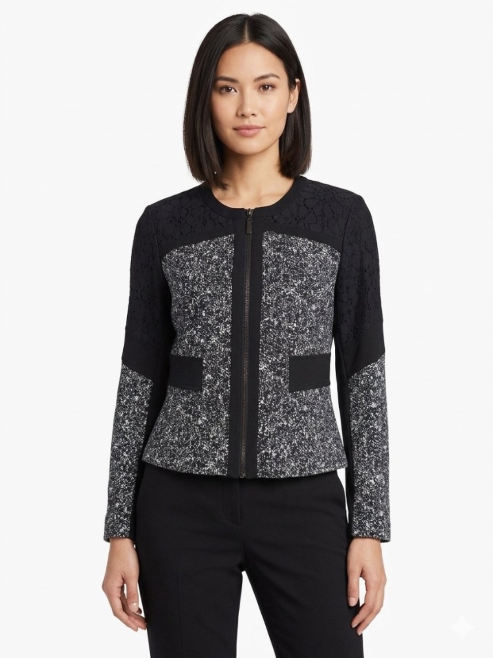 Cato Black White Knit Lace Zip Up Jacket Blazer 14 Career Casual Moto Whimsigoth